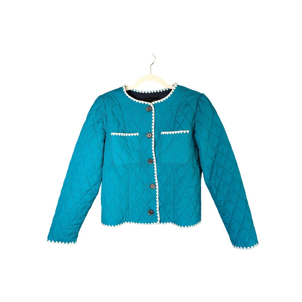 Talbots Quilted Jacket Womens S Teal Blue Ric-Rac Trim Button Front